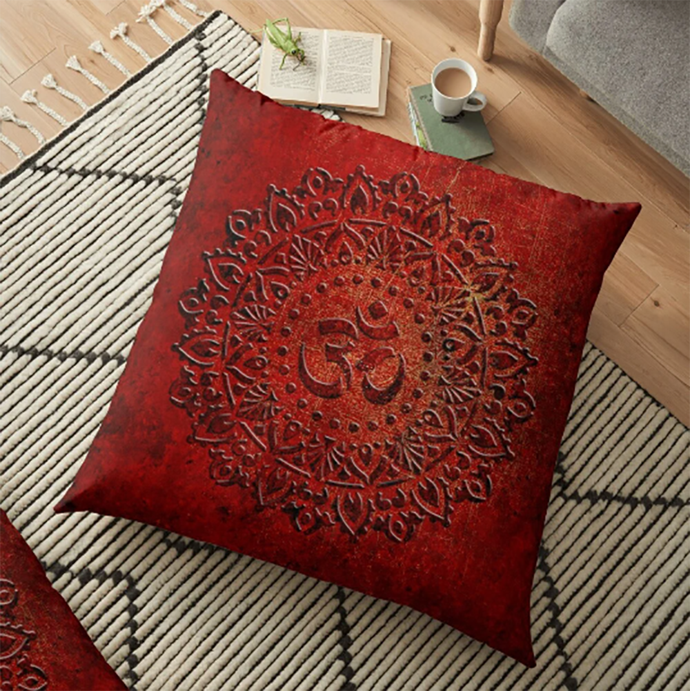 Ohm Symbol Mandala Style Print on Lava Red Background Pillow on Rug
