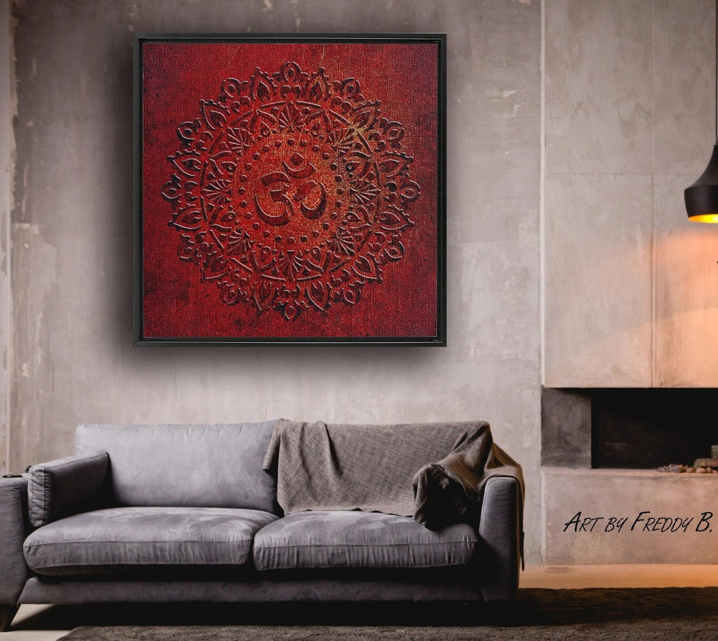 Om Symbol Mandala Style on Lava Red Background Printed on Canvas in a Floating Frame hung in modern loft