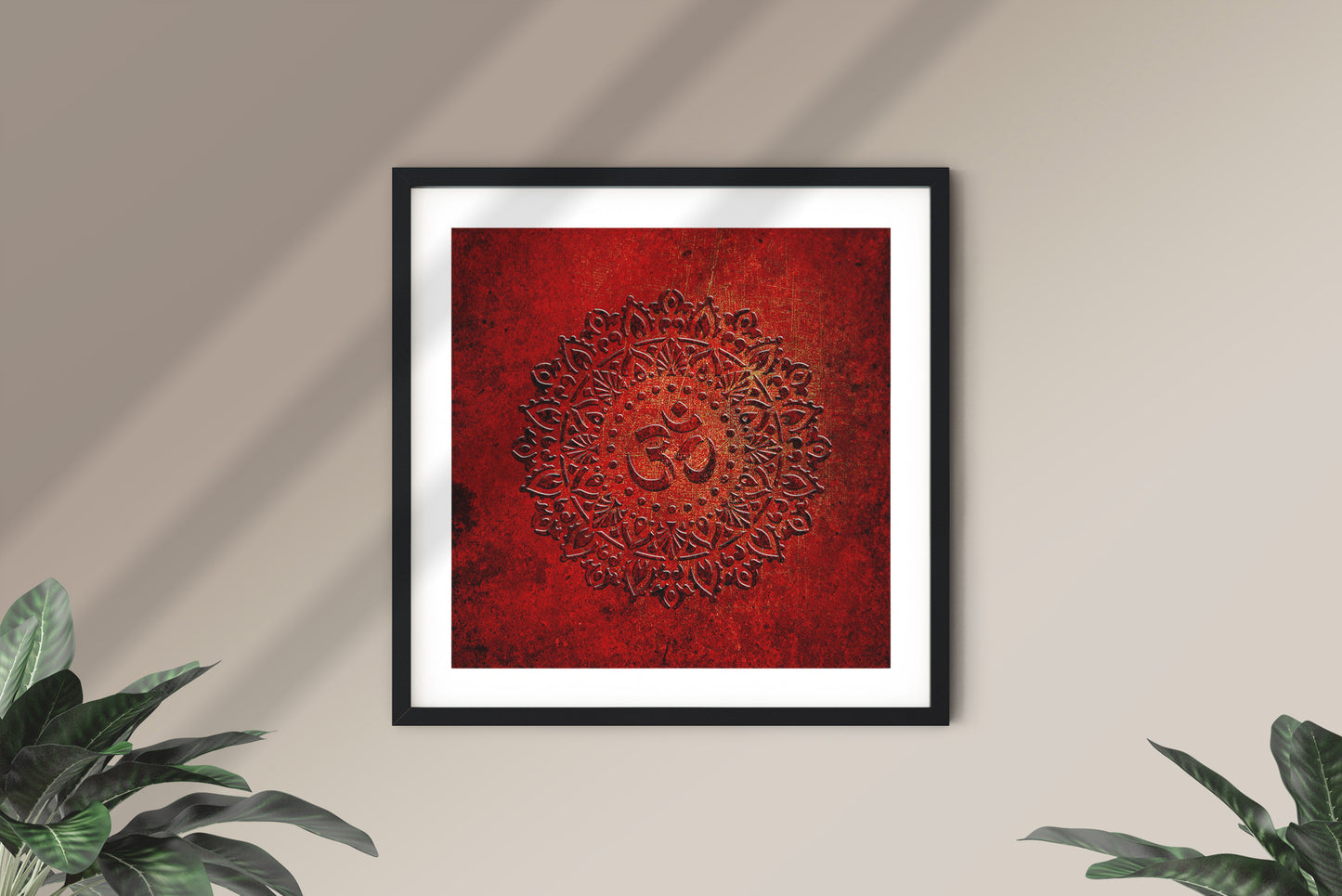 Om Symbol Mandala Style on Lava Red Background - Museum-quality Print on Archival Paper Framed and hung