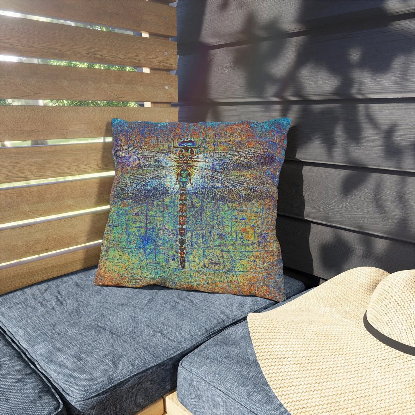 Outdoor Pillow - Dragonfly on Multicolor Background on patio