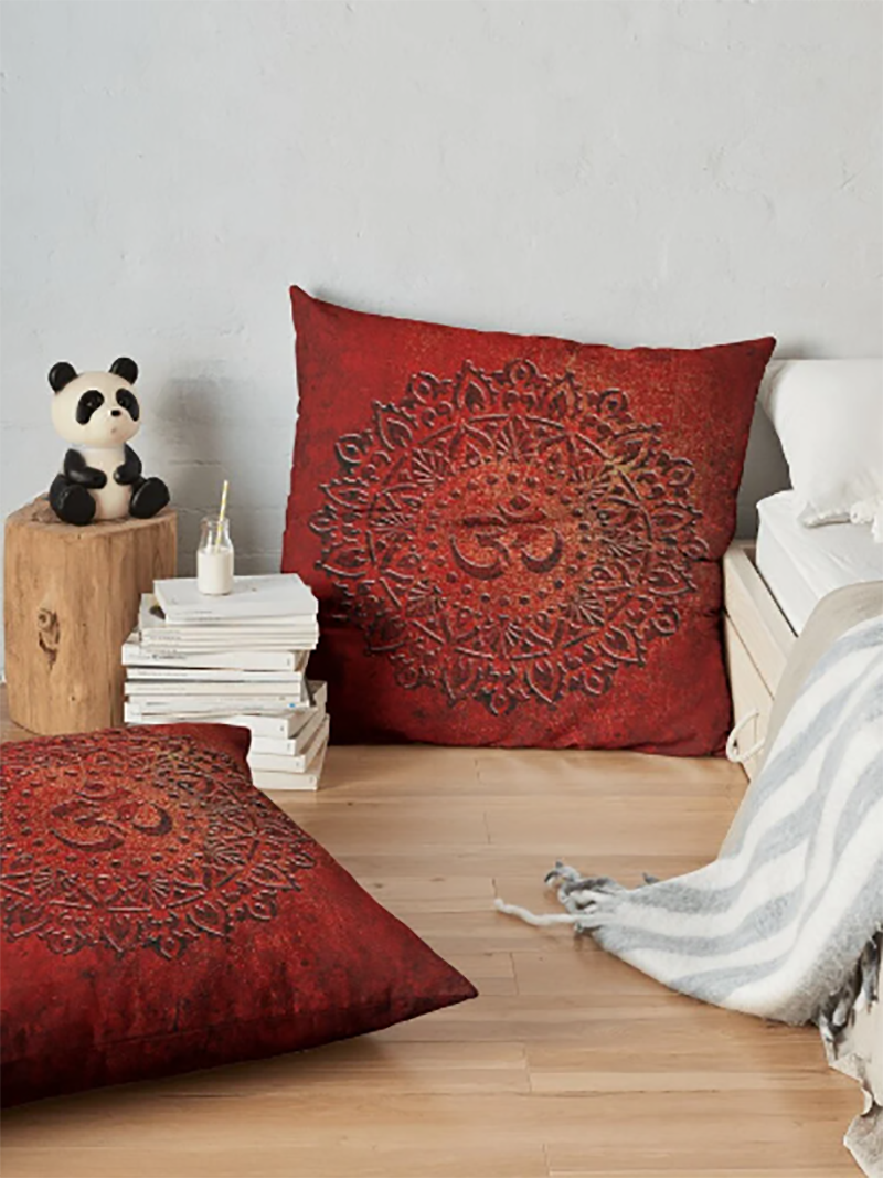 Pair of Ohm Symbol Mandala Style Print on Lava Red Background Pillows