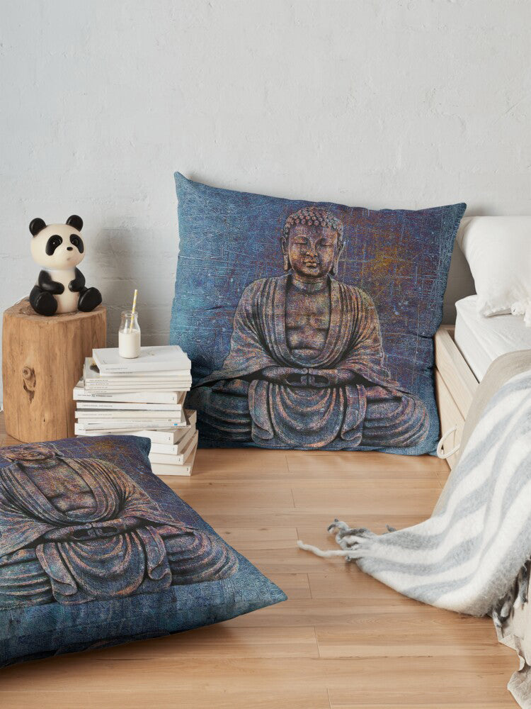Pair of Sitting Buddha On Distressed Stone With Blue Hues Square Pillow