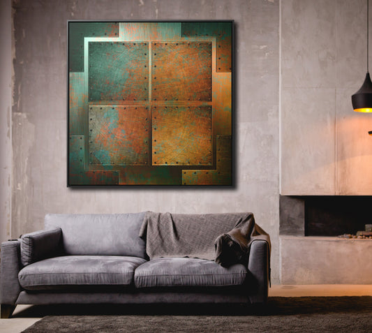 Steampunk Themed Wall Decor - Patinated, Riveted Copper Sheets Print on Canvas in a Floating Frame hung by fire place