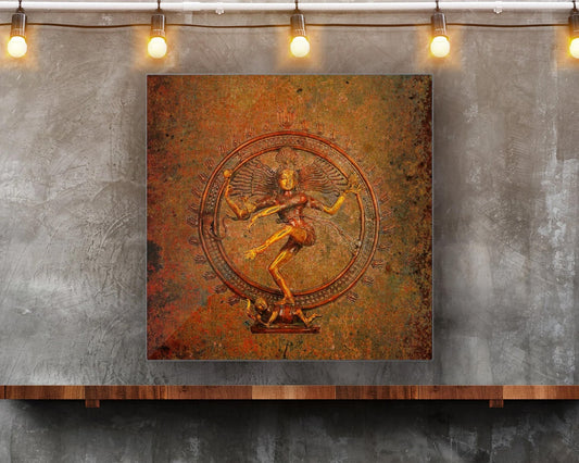 Shiva on a Distressed Background Printed on Eco-Friendly Recycled Aluminum hung on wall