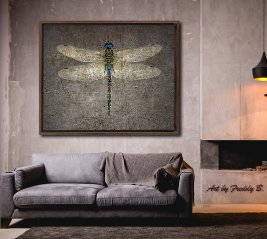 Dragonfly on Distressed Stone Background Rectangular Print on Canvas in a Floating Frame 6 sizes available