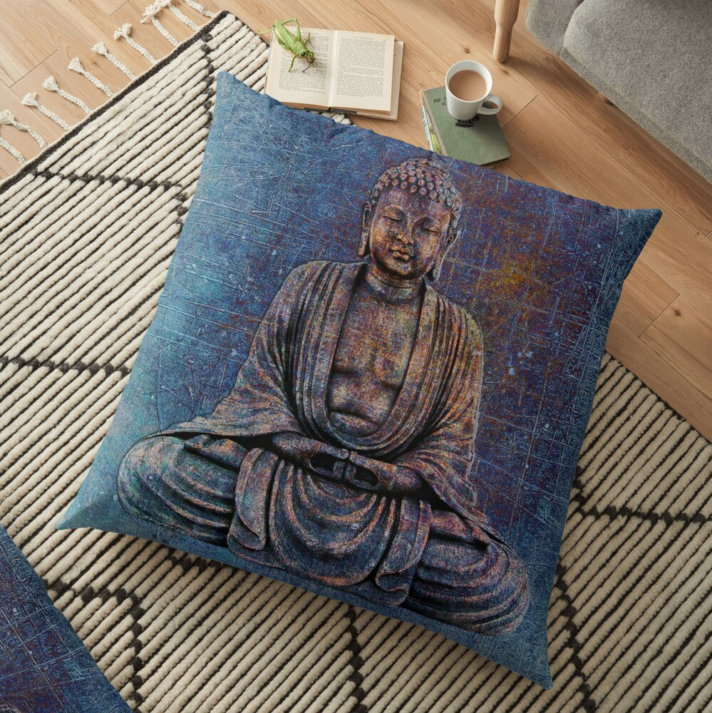 Sitting Buddha On Distressed Stone With Blue Hues Square Pillow on rug
