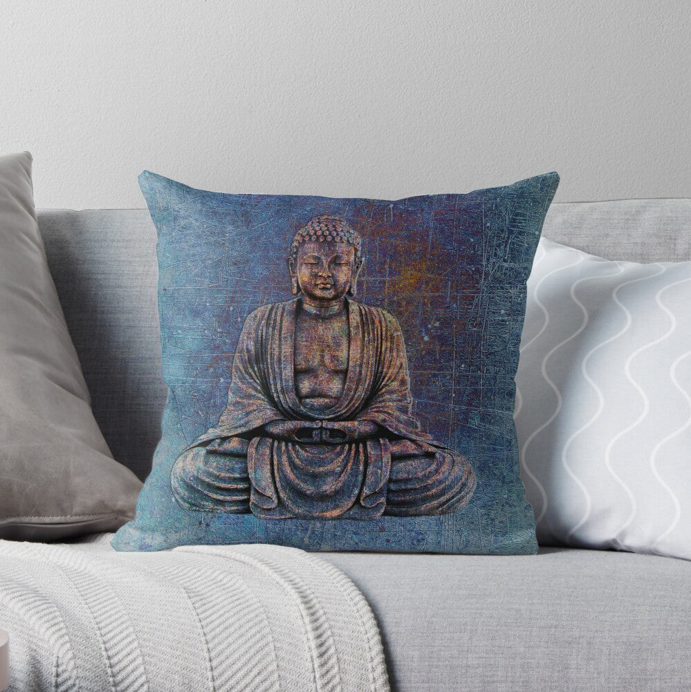 Sitting Buddha On Distressed Stone With Blue Hues Square Pillow on sofa