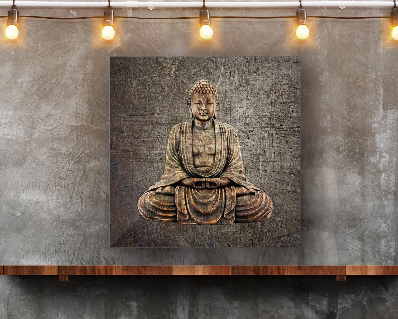 Sitting Buddha on Distressed Stone Background Printed on Eco-Friendly Recycled Aluminum hung on wall