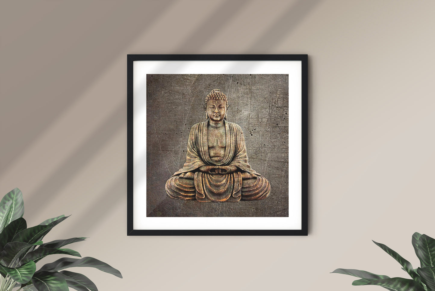 Sitting Buddha on Distressed Stone Background - Museum-quality Art print on Archival Paper framed and hung