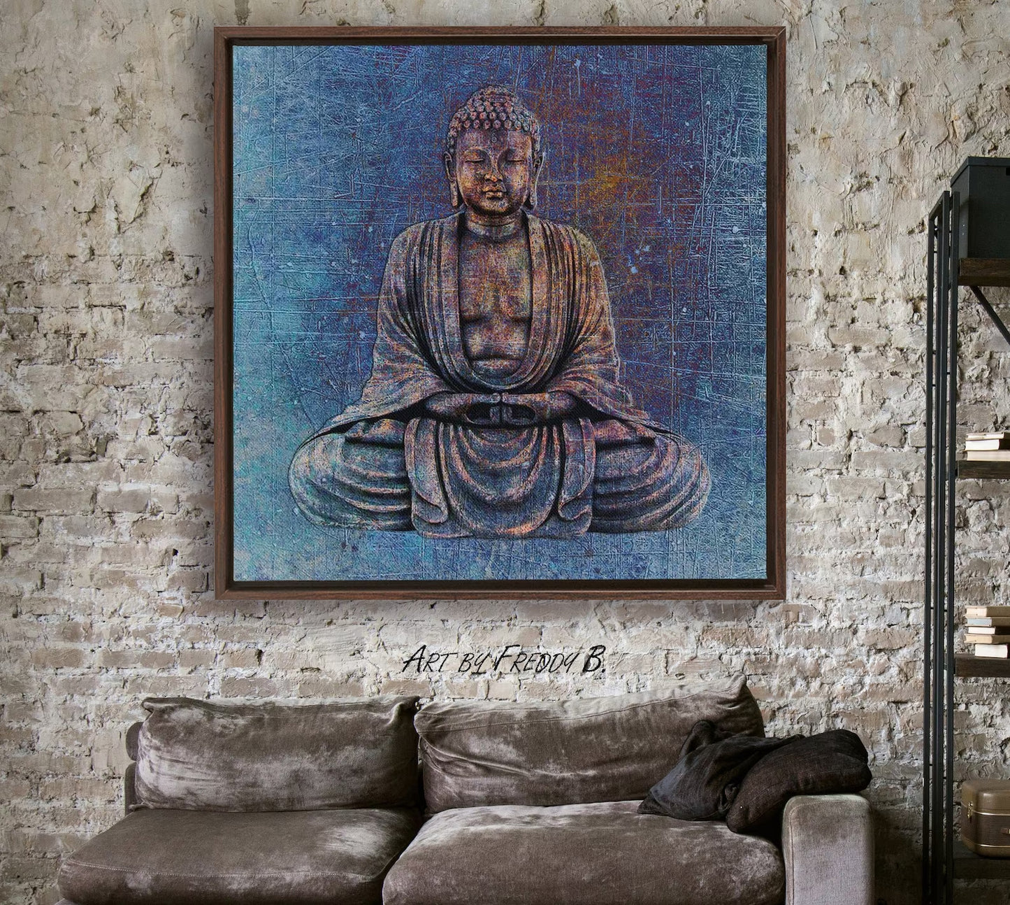 Sitting Buddha on Distressed Stone With Blue Hues Floating Frame Canvas hung