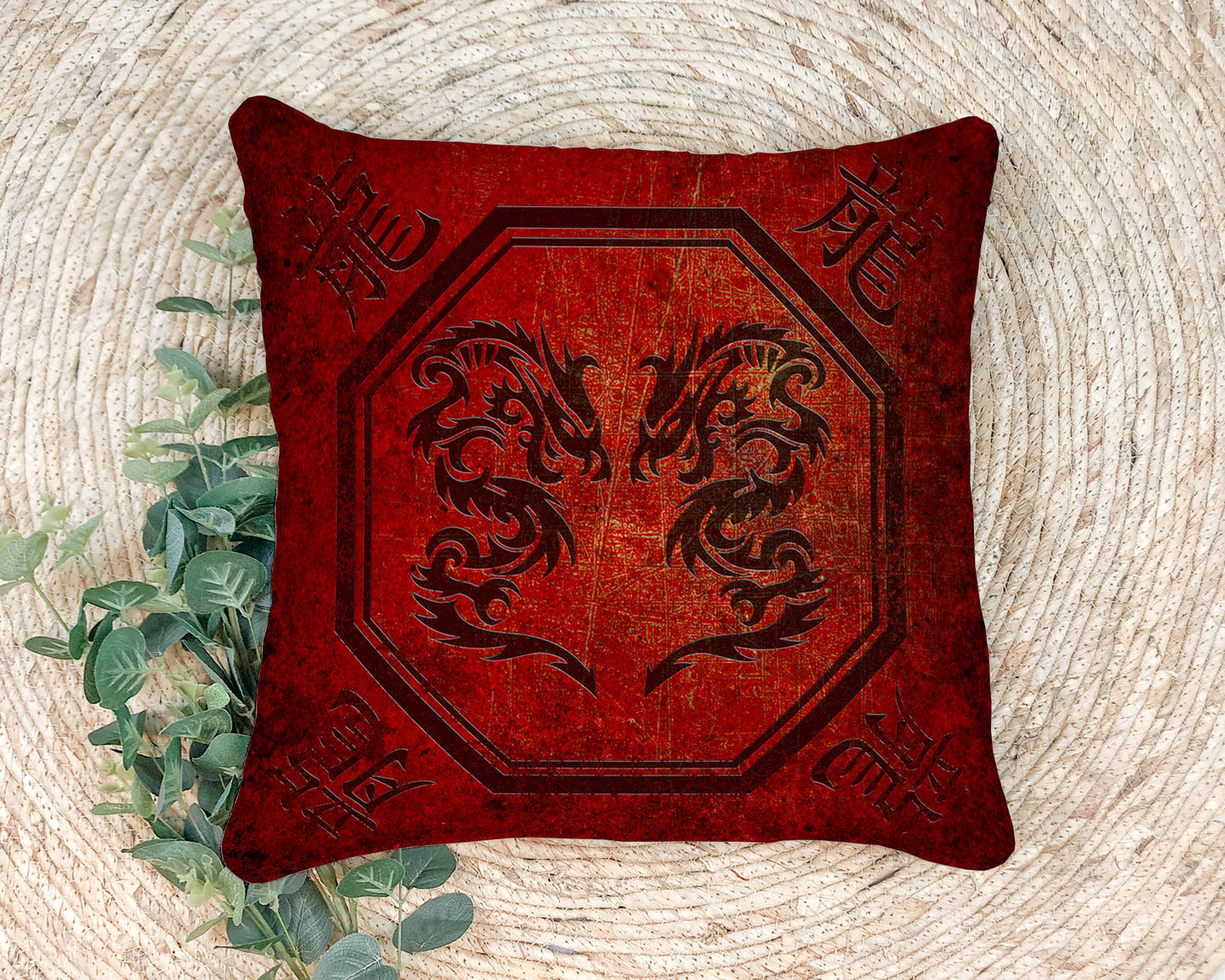 Twin Chinese Dragons on Lava Red Background  Square Pillow on Rug