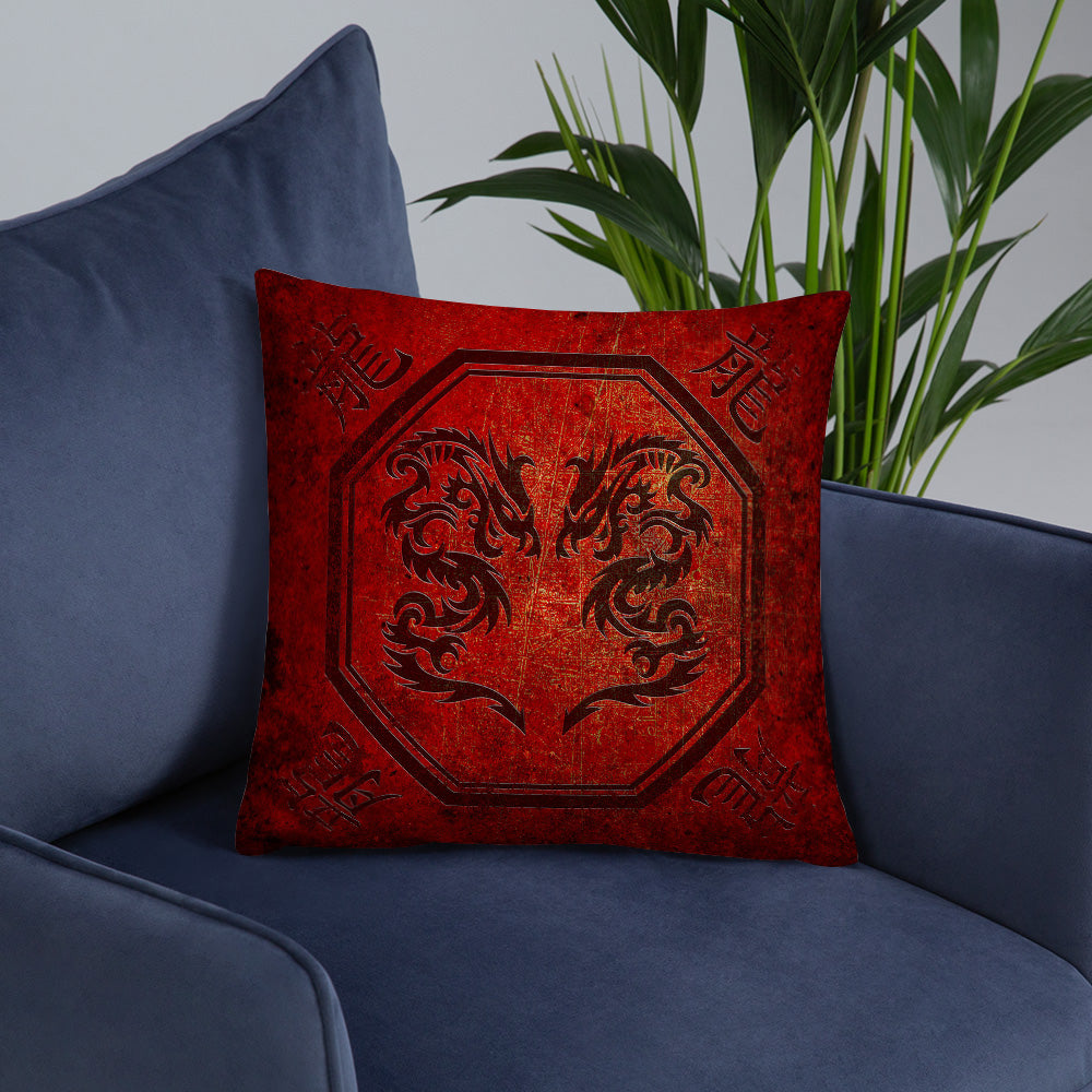 Twin Chinese Dragons on Lava Red Background  Square Pillow on blue chair