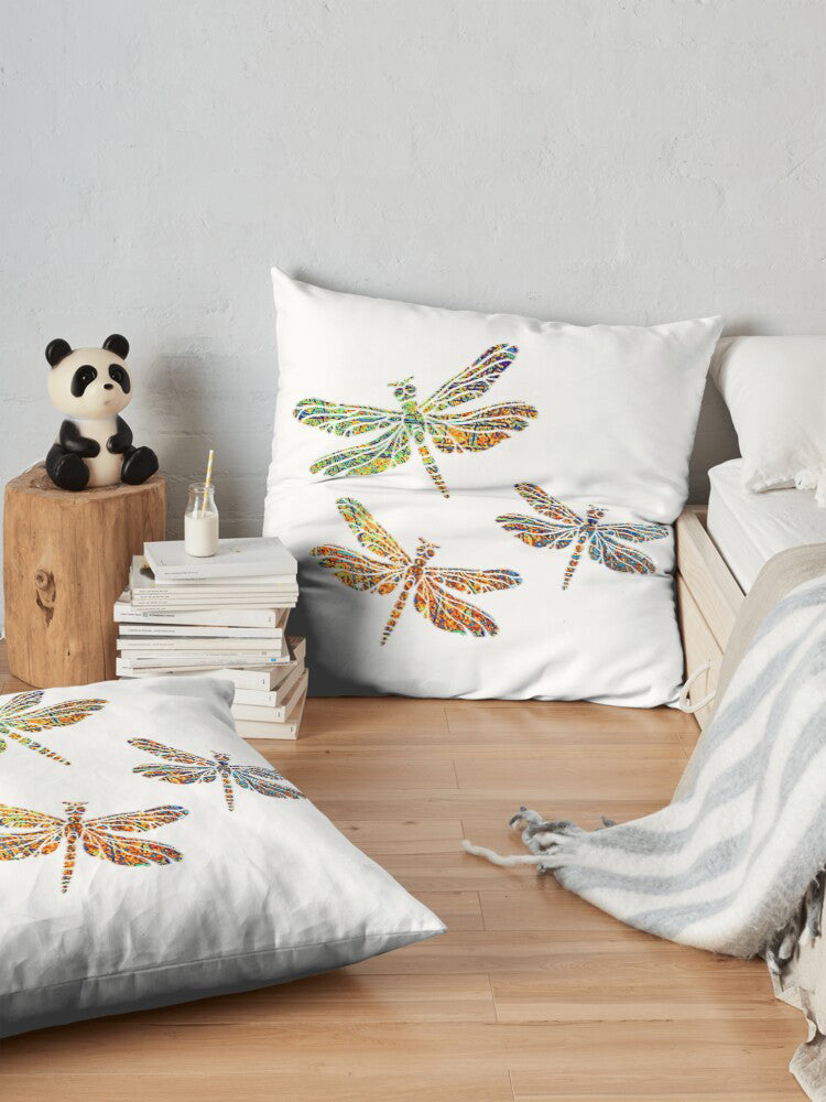 Pair of Minimalist square white pillow with 3 colorful Dragonflies print