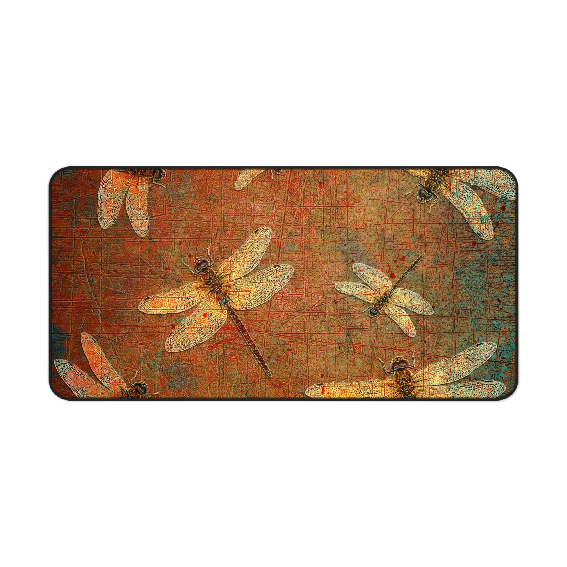 Dragonfly Desk Mat - Flight of Dragonflies on Brown and Orange Background 15.5x31