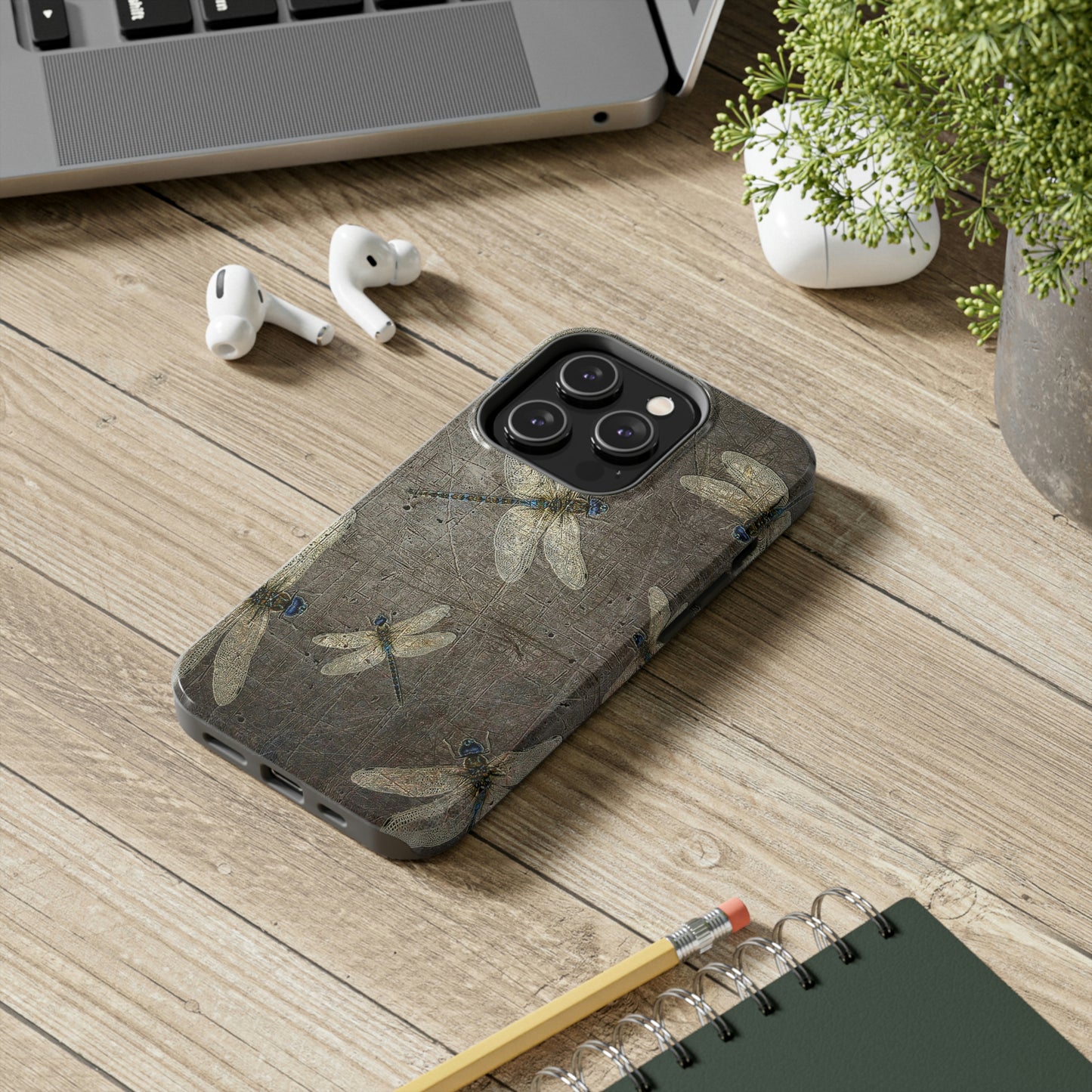 Dragonflies Print Tough Case for iPhone 14- Flight of Dragonflies on Distressed Gray Stone Print.