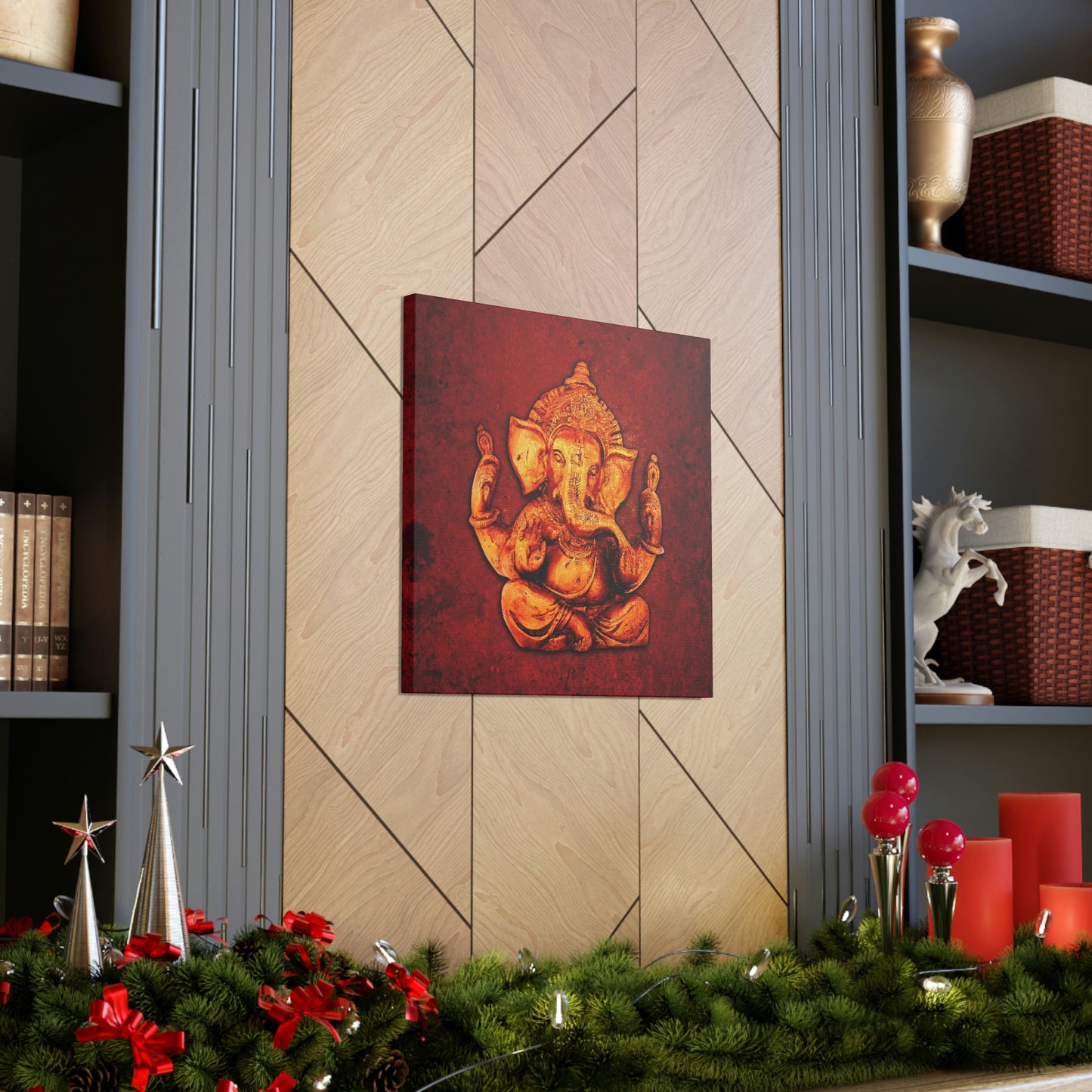 Hinduism Themed Wall Art - Ganesha on a Distressed Lava Red Background Print on Unframed Stretched Canvas
