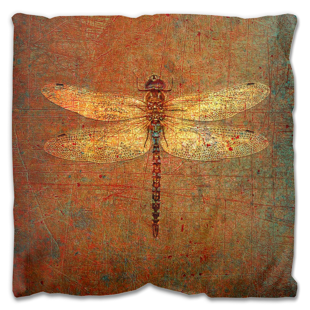 Double Sided Outdoor Pillows - Golden Dragonfly on Distressed Orange Background 2 sizes available
