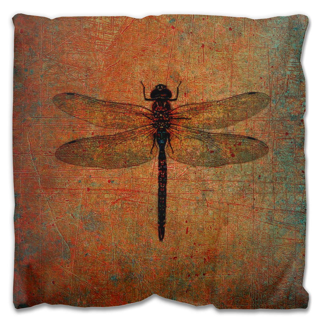 Outdoor Pillows Dragonfly on Distressed Brown Background on patio back view