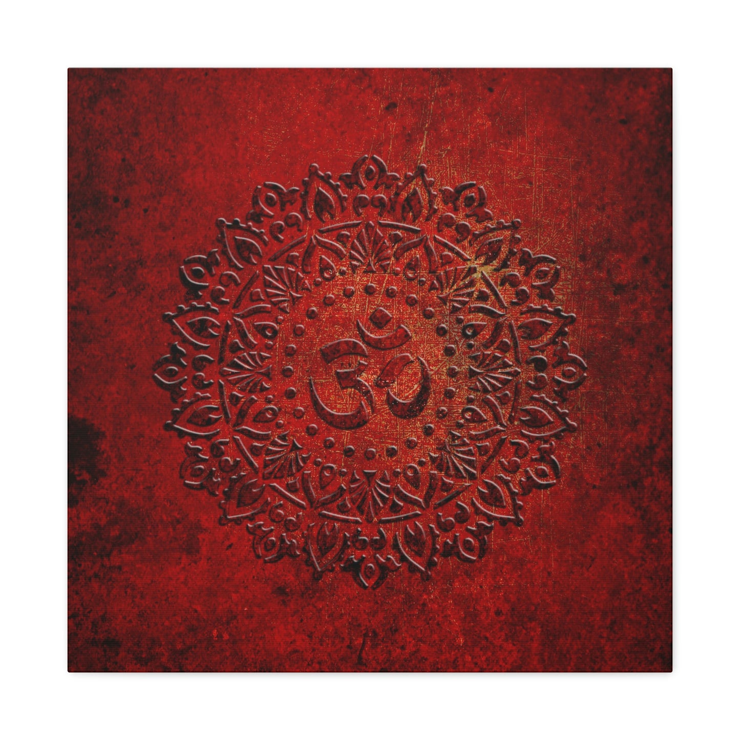 Om Symbol Mandala Style on Lava Red Background Printed on Unframed Stretched Canvas.