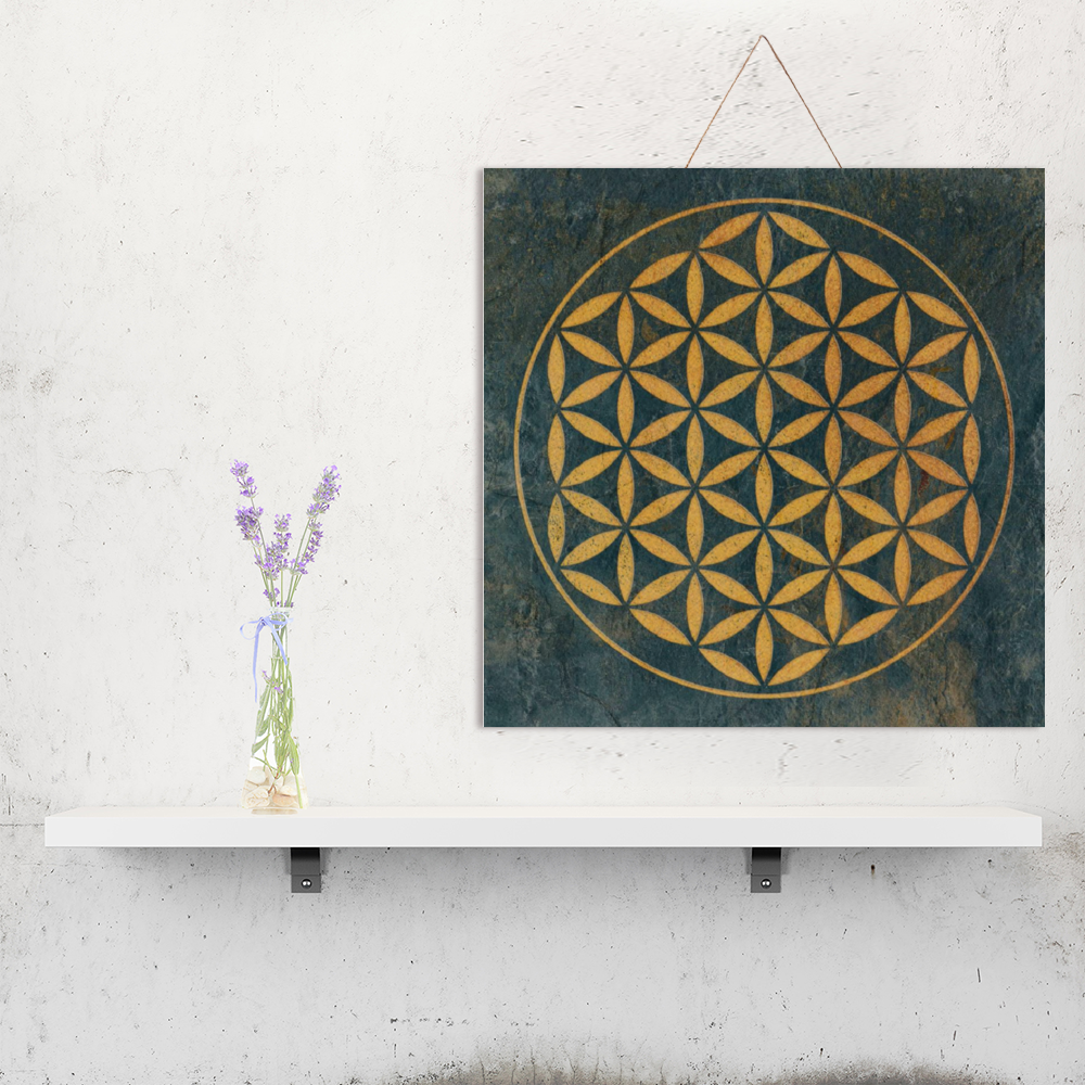 Distressed Gold Flower of Life on Slate Green Background Print on Wood hung