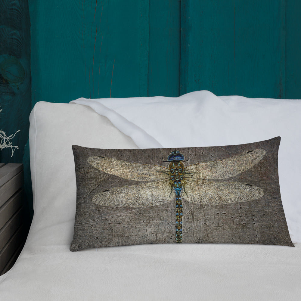 Double Sided Dragonflies Themed Premium Lumbar Pillow 20x12 - Dragonflies on Distressed Background Print