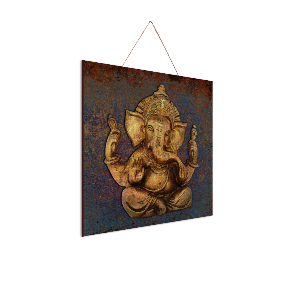 Ganesha on a Distressed Purple and Orange Background Print on Wood side view