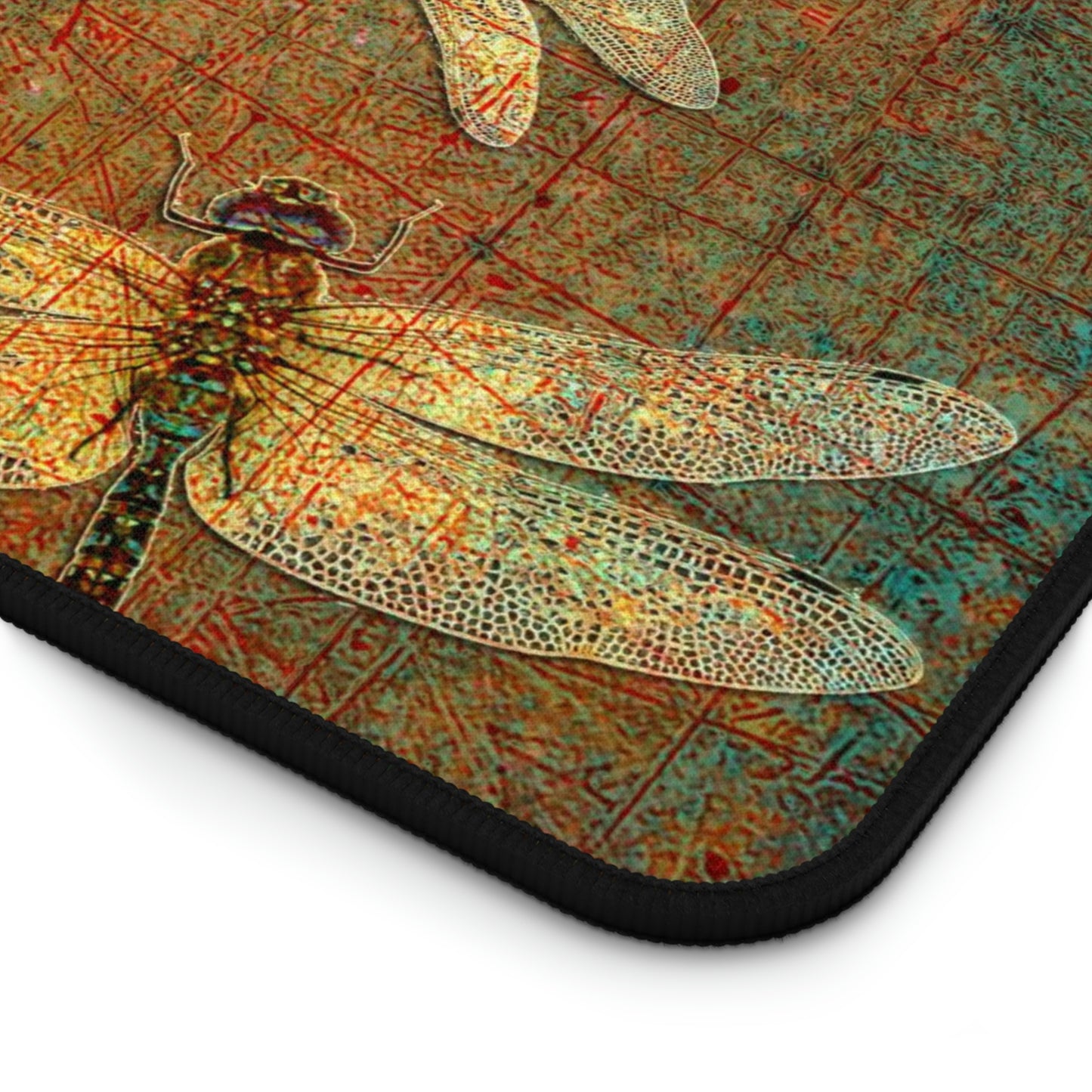 Dragonfly Desk Mat - Flight of Dragonflies on Brown and Orange Background