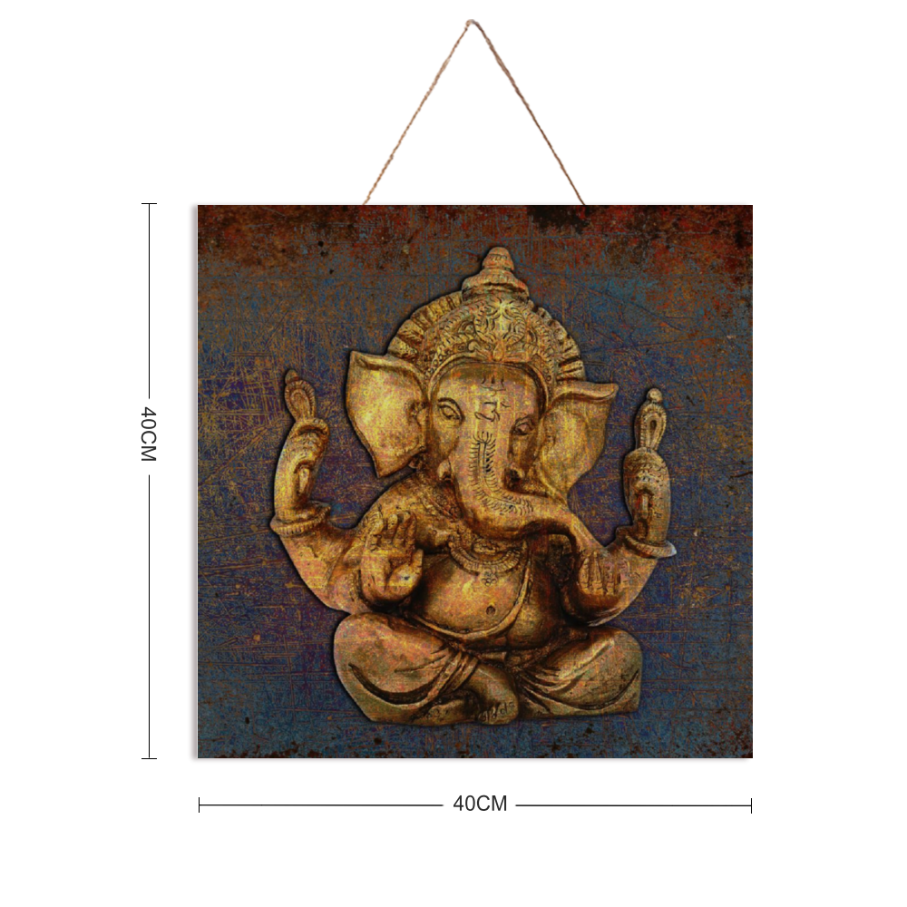 Ganesha on a Distressed Purple and Orange Background Print on Wood with dimensions
