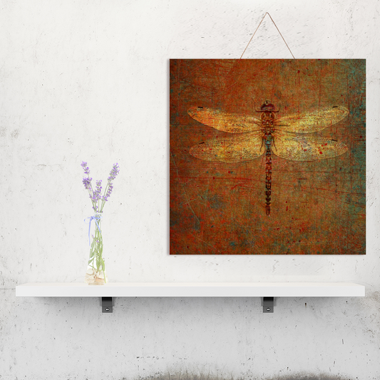 Dragonfly Wall Decor - Golden Dragonfly on Distressed Brown Background Print on Wooden Plaque 16"x16" hung