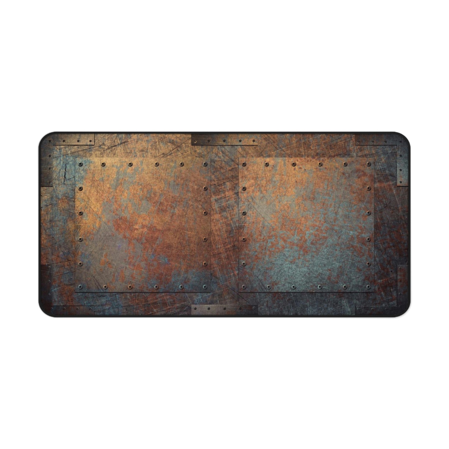 Steampunk Themed Desk Accessories - Patinated, Weather Beaten, Riveted Copper Sheets Print on Neoprene Desk Mat 15.5 x 31