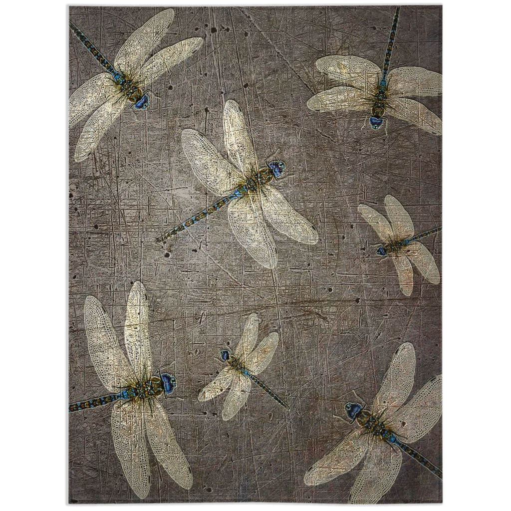 Dragonfly Themed Blankets - Flight of Dragonflies on Distressed Gray Stone Background Printed on Minky Blankets.