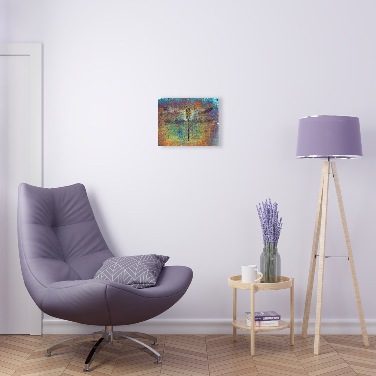 Dragonfly Themed Plexiglass Wall Art - Dragonfly on Multicolor Background Printed on a Crystal Clear Acrylic Panel