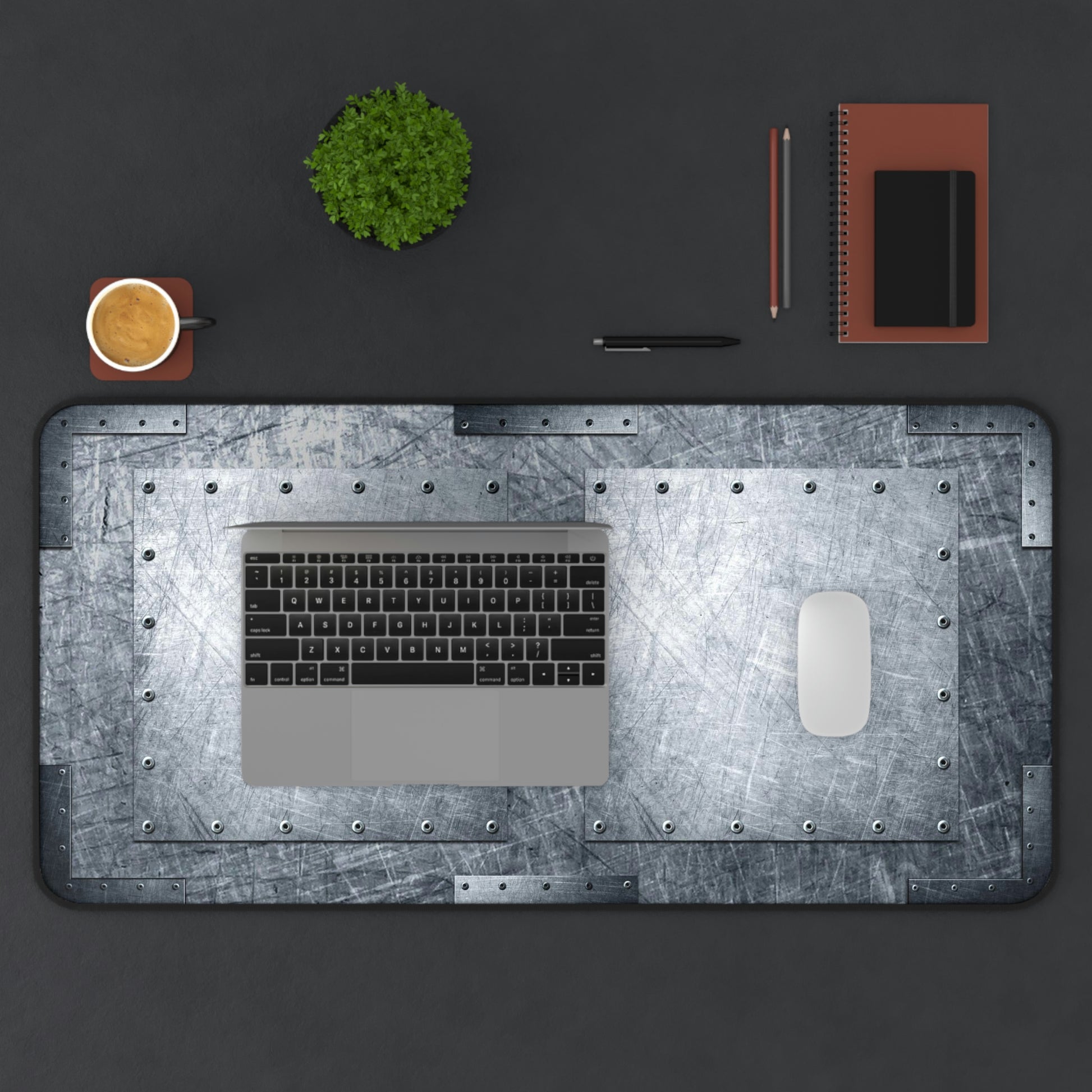 Industrial Themed Desk Accessories - Riveted Steel Sheets Print on Neoprene Desk Mat 15.5 by 31 on desk  with laptop