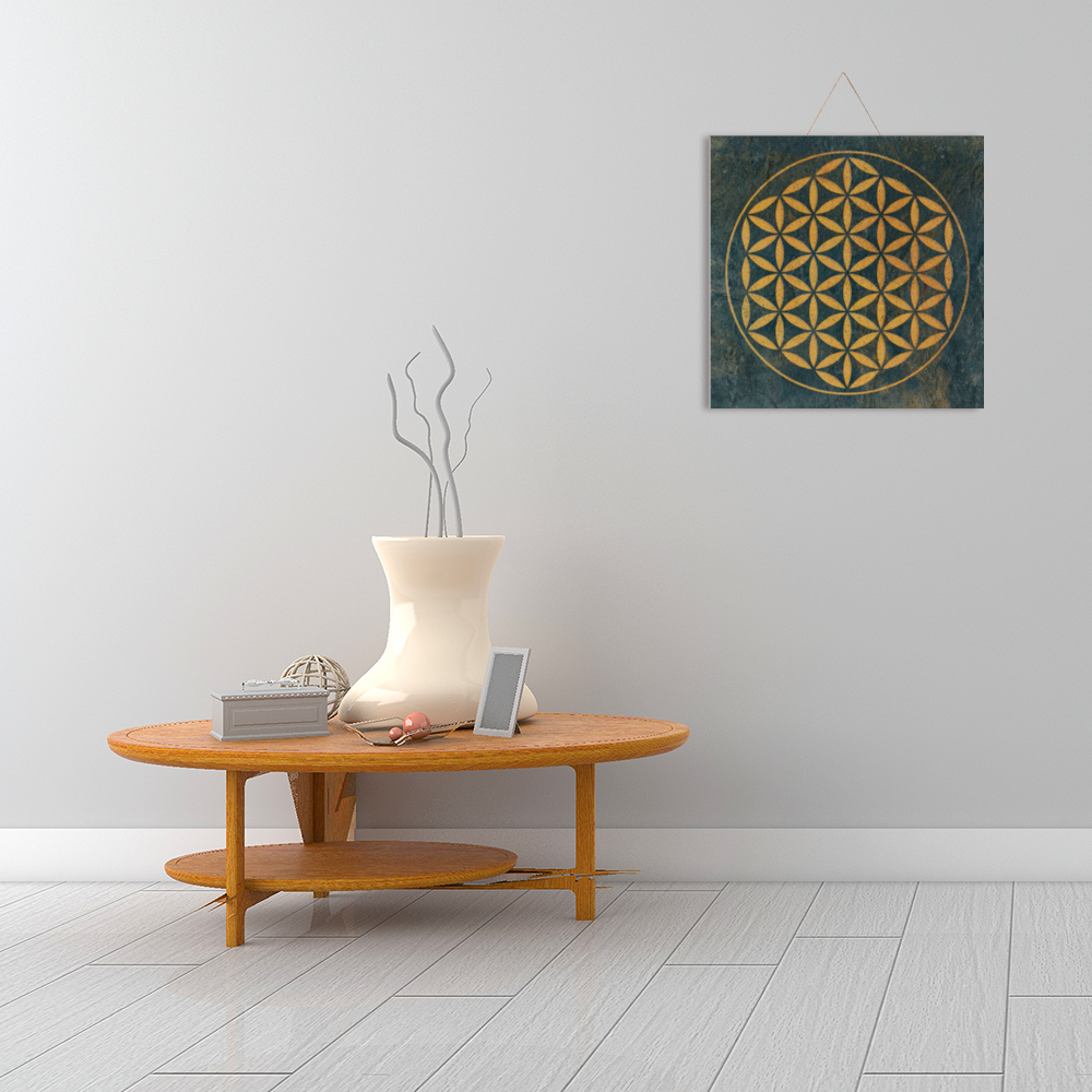Distressed Gold Flower of Life on Slate Green Background Print on Wood 16" x 16"
