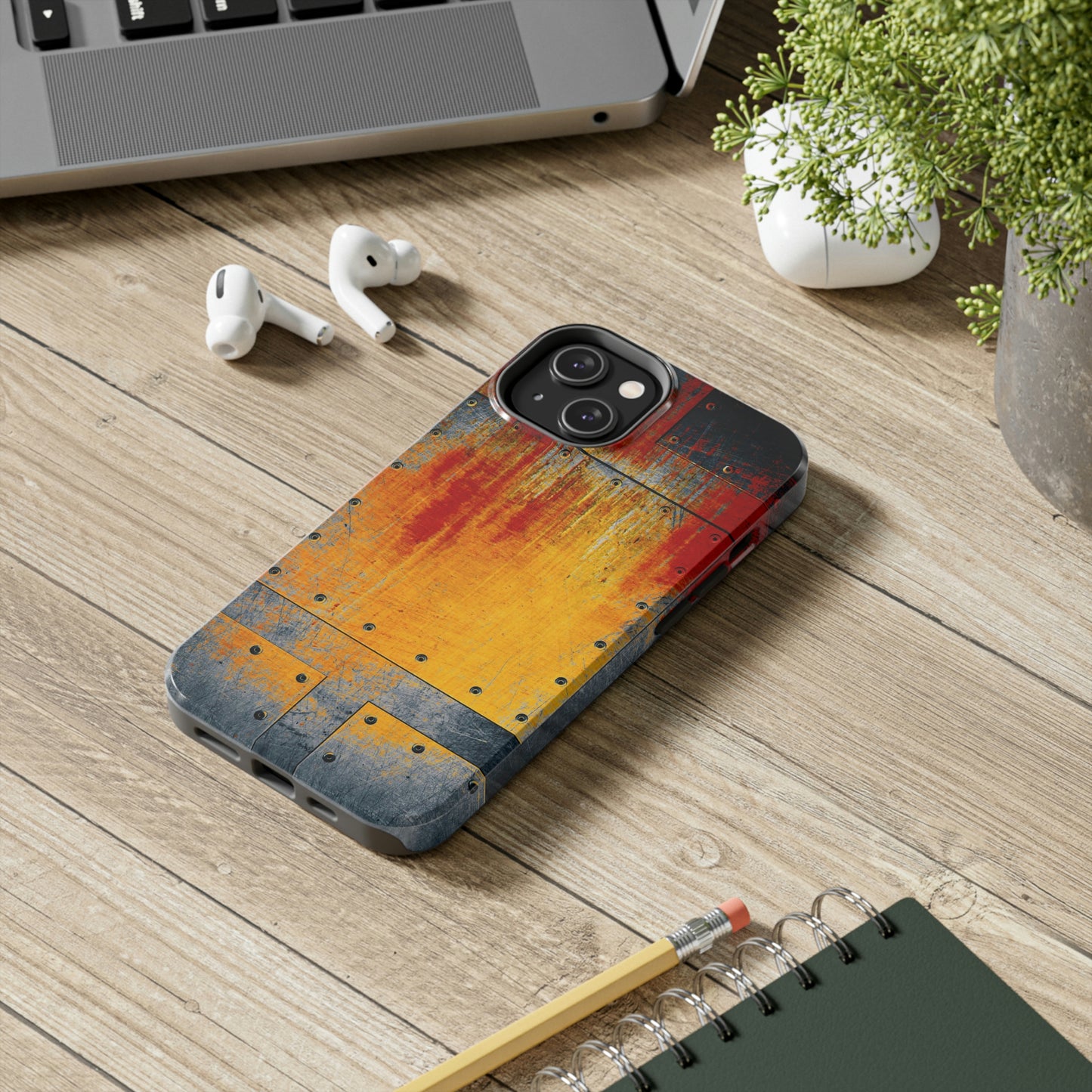 Steampunk Themed Tough Case for iPhone 14 - Rust and Paint on Riveted Metal Plate Print
