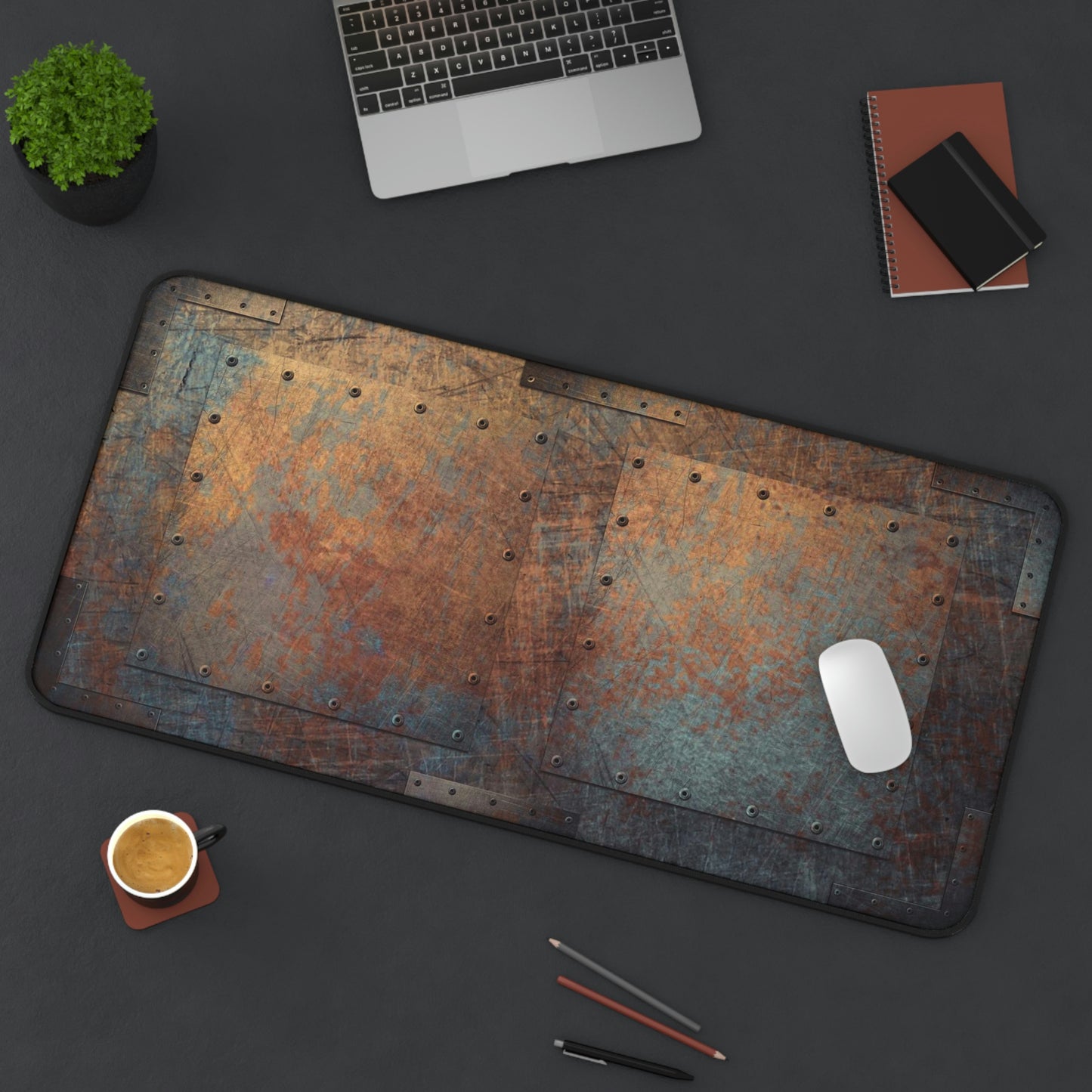 Steampunk Themed Desk Accessories - Patinated, Weather Beaten, Riveted Copper Sheets Print on Neoprene Desk Mat 15.5 x 31 in situ