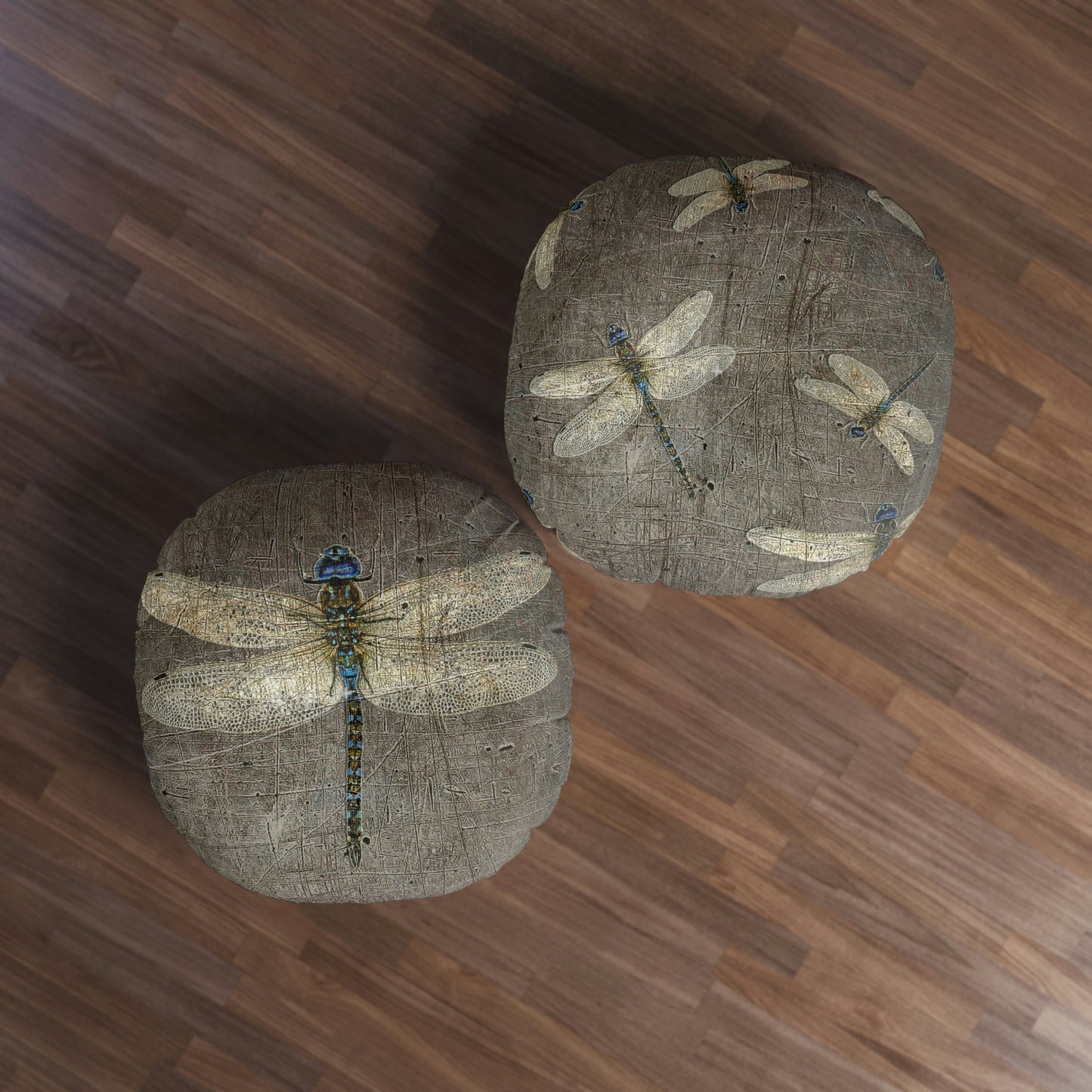 Dragonfly on Distressed Stone Background Print on 2 Sided Round Tufted Floor Pillow.