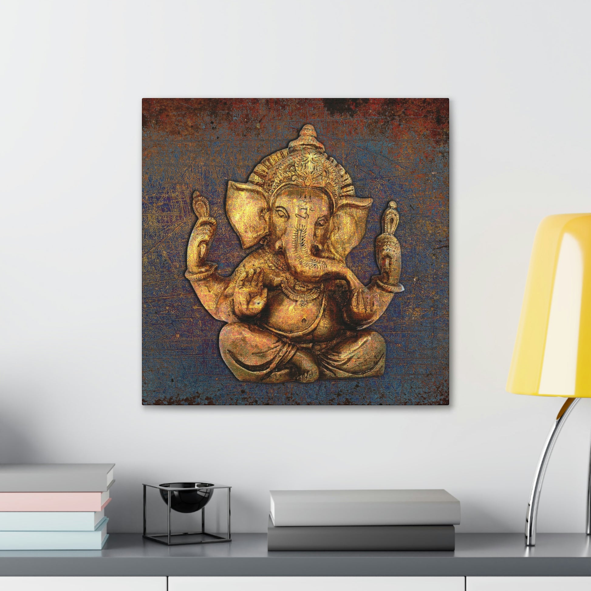 Ganesha on a Distressed Purple and Orange Background Printed on Unframed Stretched Canvas hung