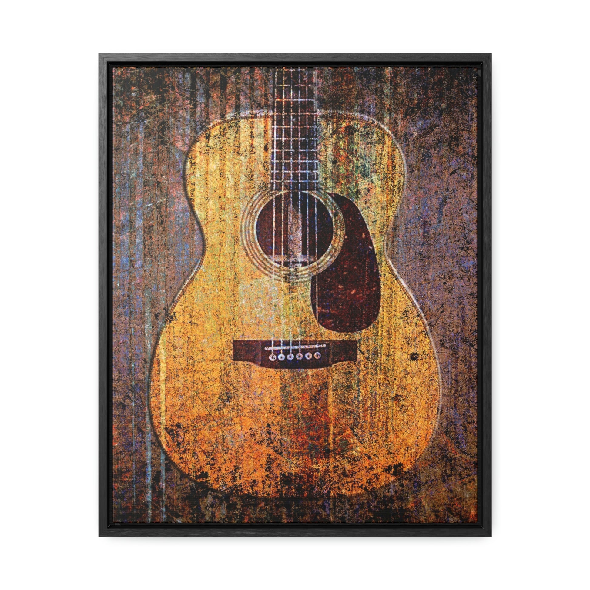  Acoustic Guitar Printed on Stretched Rectangular Canvas in a Black Floating Frame 5 sizes available