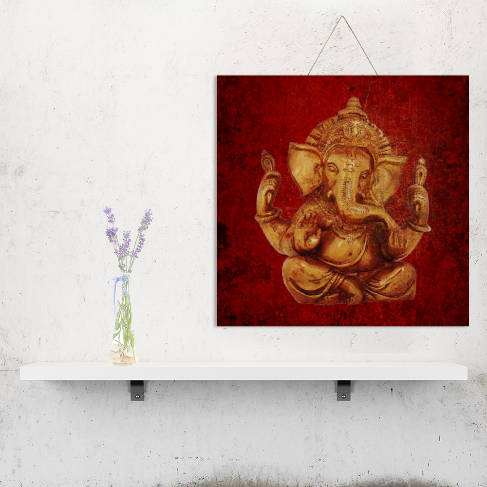 Gold Ganesha on a Distressed Lava Red Background Print on Wood hung
