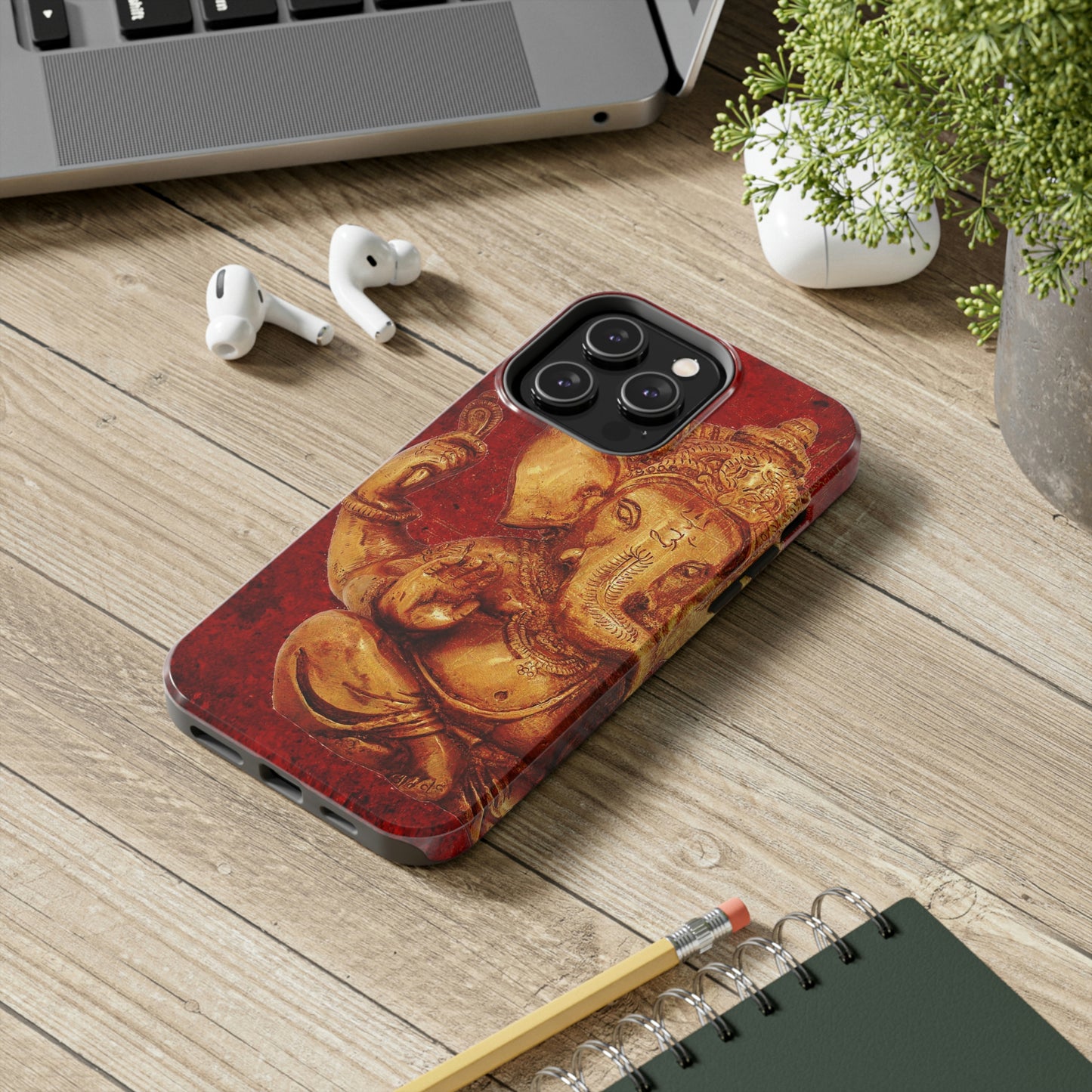 Ganesh Themed Tough Case for iPhone 14 - Gold Ganesha on Lava Red Print Phone Case for iPhone 14