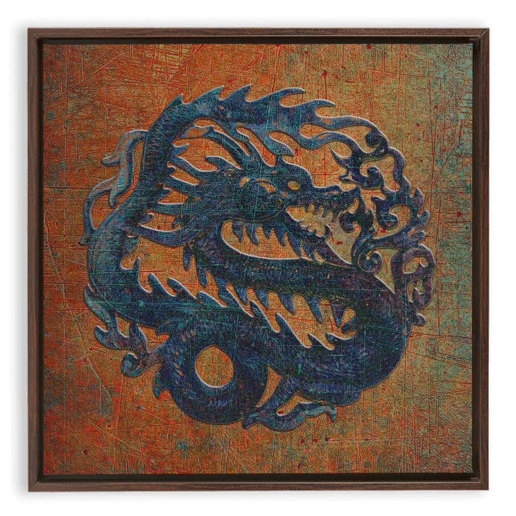 Blue Chinese Dragon on Distressed Stone Background Floating Frame Canvas