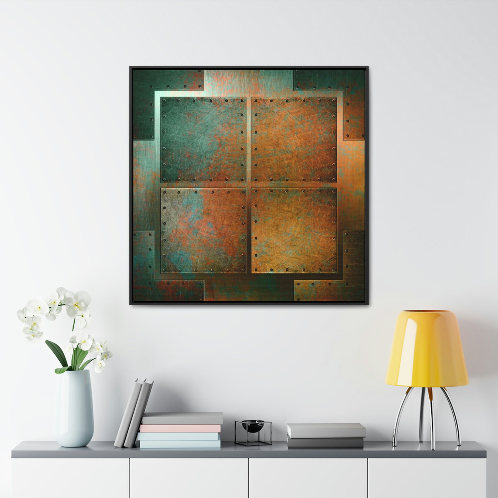 Steampunk Themed Wall Decor - Patinated, Riveted Copper Sheets Print on Canvas in a Floating Frame hung on white wall