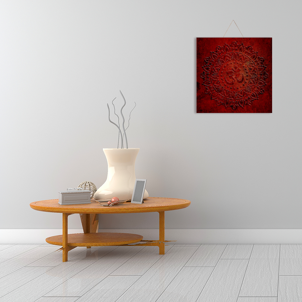 Om Symbol Mandala Style on Red Background Printed Wooden Plaque hung above table