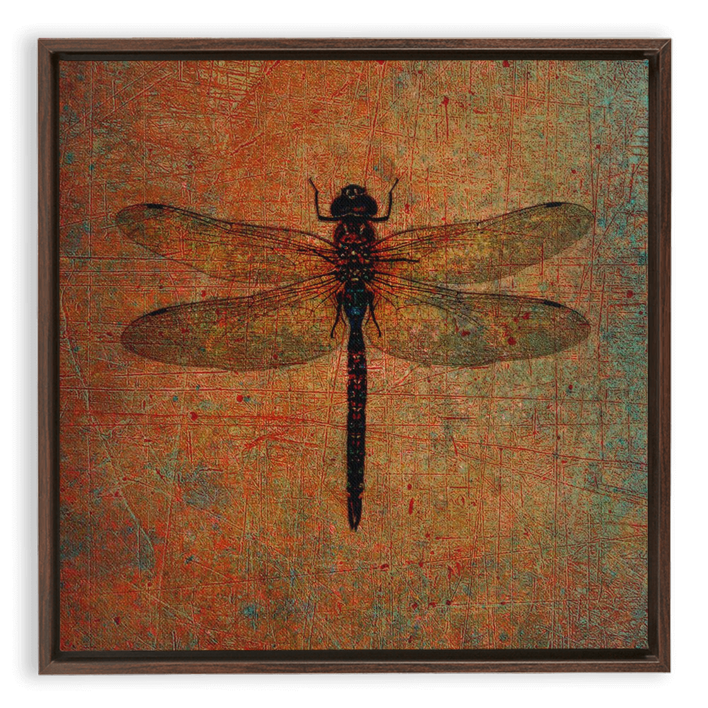 Dragonfly on Distressed Brown Background Square Floating Frame Canvas