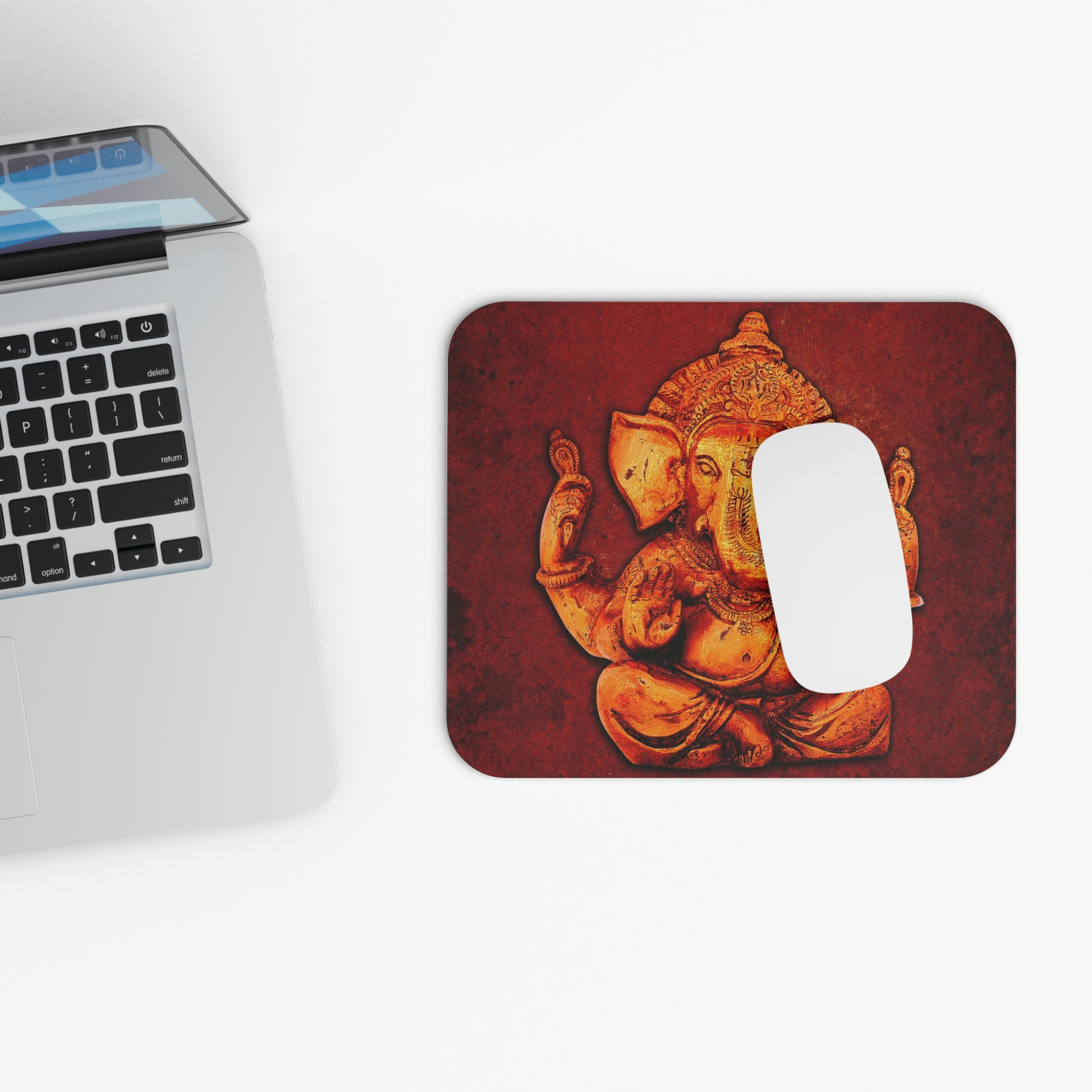Hindu Deities Themed Desk Accessories - Gold Ganesha on Lava Red Background Print on Mouse Pad in situ