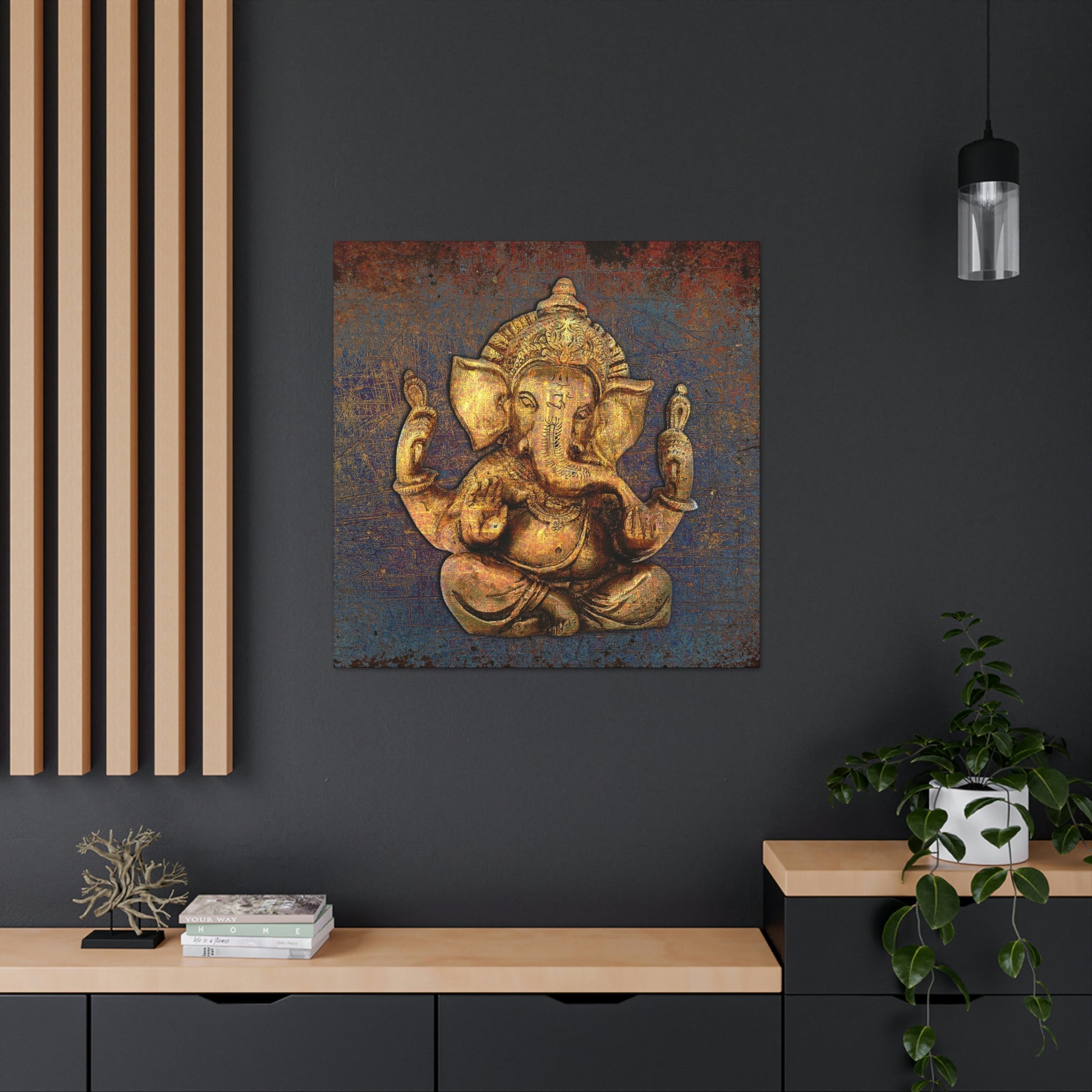 Ganesha on a Distressed Purple and Orange Background Printed on Unframed Stretched Canvas hung on dark wall
