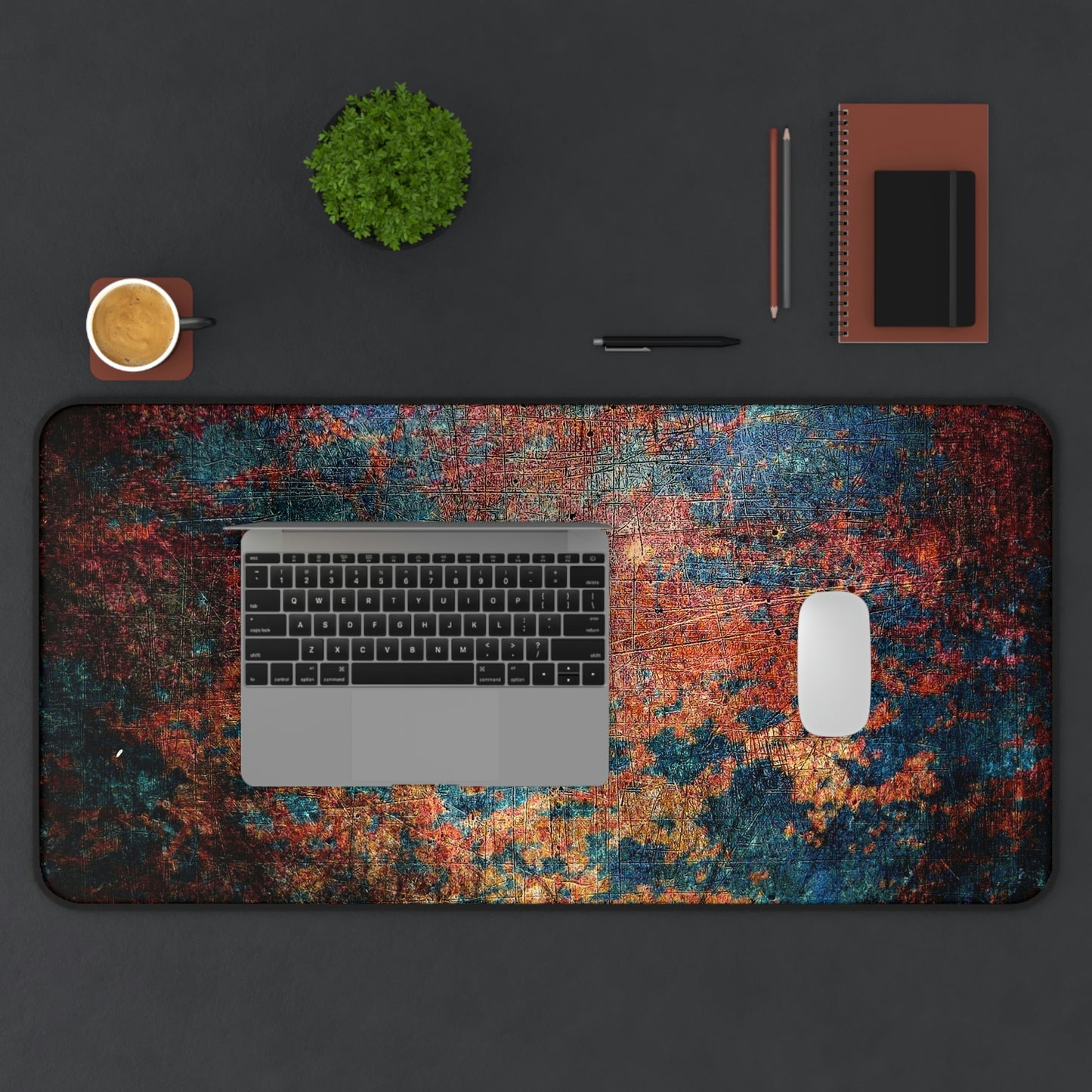 Modern Art Themed Desk Accessories - Rust on Metal Print on Neoprene Desk Mat 15.5 by 31 with laptop
