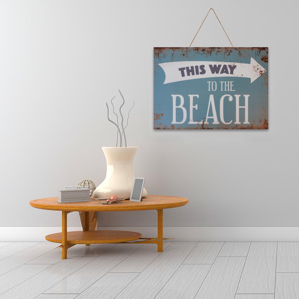 Beach House Decor - This Way to the Beach Print on Wood 14" x 10" hung on wall