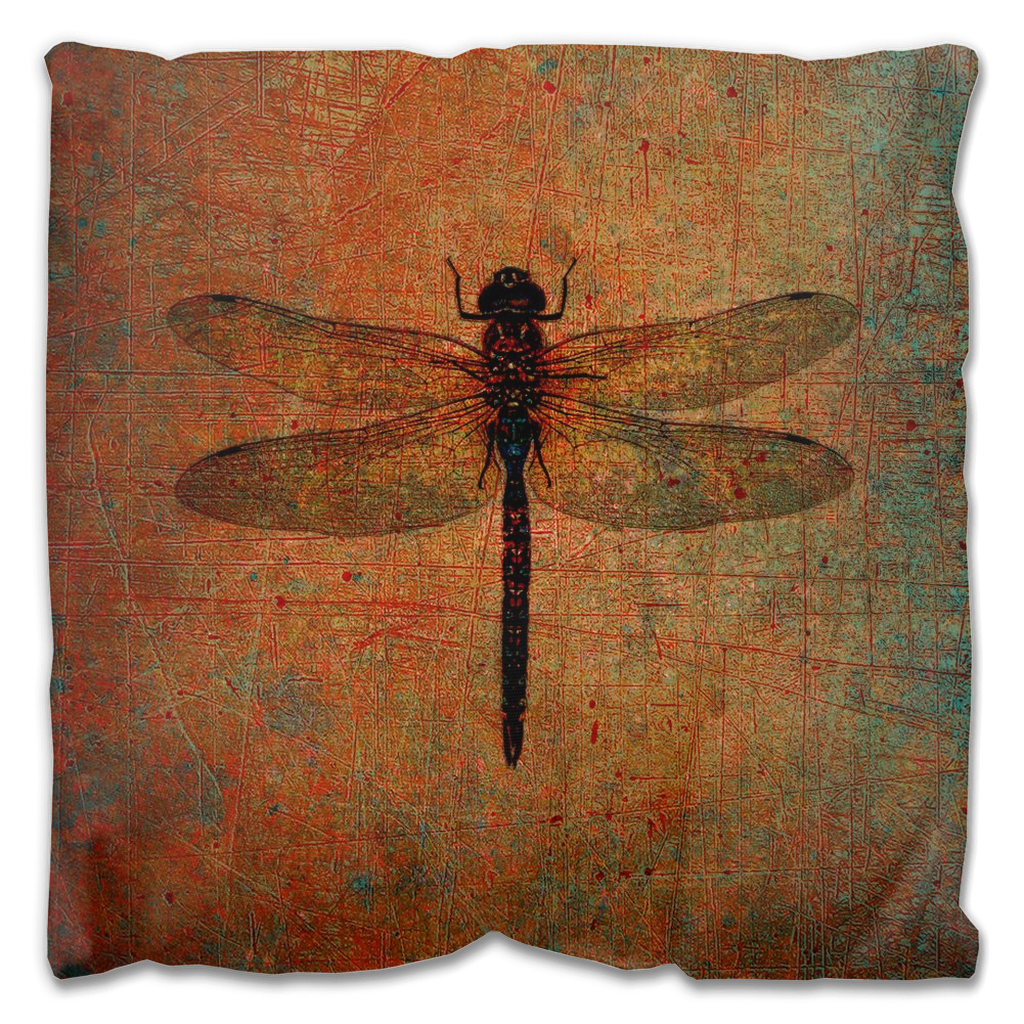 Outdoor Pillows Dragonfly on Distressed Brown Background on patio front view